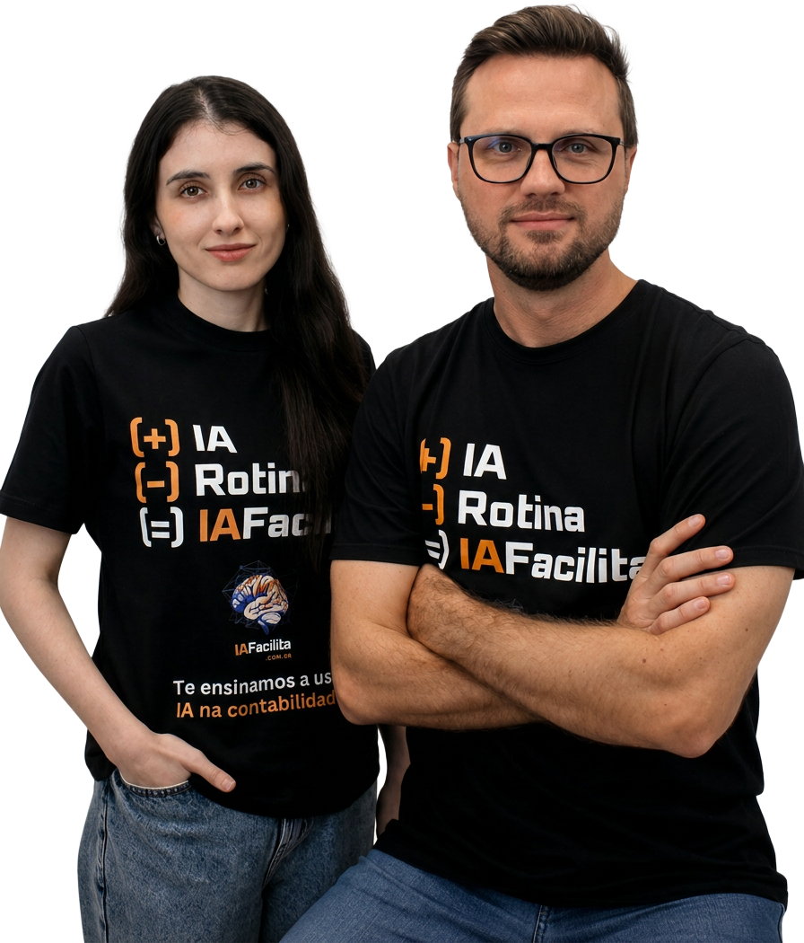 Gabriela e Ricardo, fundadores da IA Facilita, com camisetas (+) IA (−) Rotina (=) IA Facilita